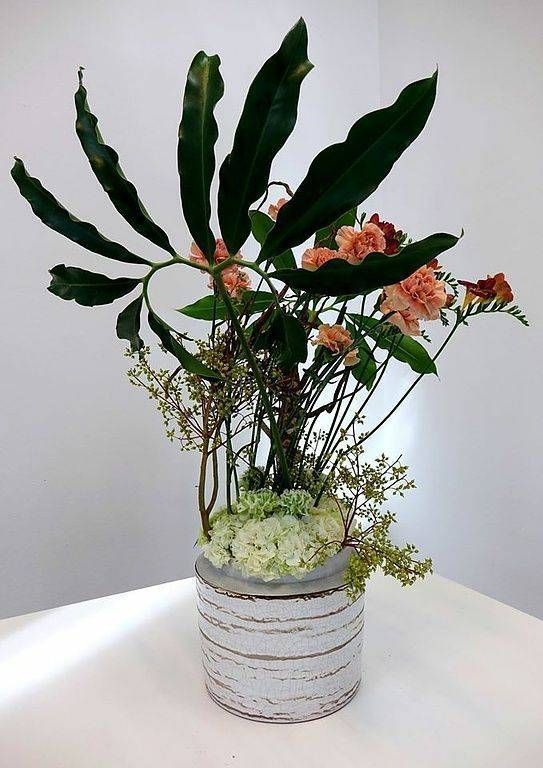 Composition florale dans un vase cylindrique blanc texturé. Elle comprend de grandes feuilles vertes, des fleurs couleur pêche et de petites branches vertes et brunes.