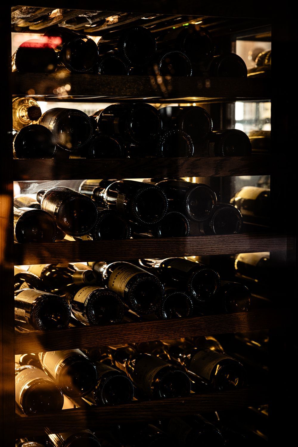 Dark shelves or trays filled with shiny black objects, lit by warm orange light in a dim room