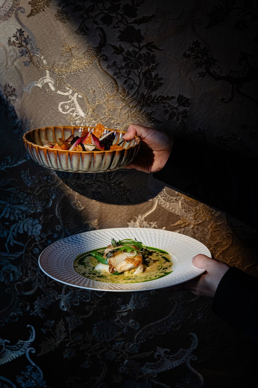Hands presenting two plated gourmet dishes against a dark patterned backdrop.