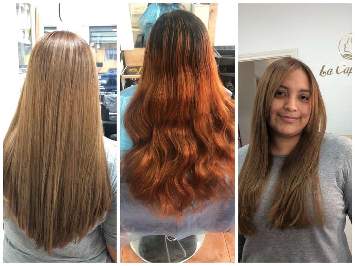 Tres perspectivas de cabello largo en capas: liso castaño, rizado castaño rojizo y una mujer sonriente con mechas.