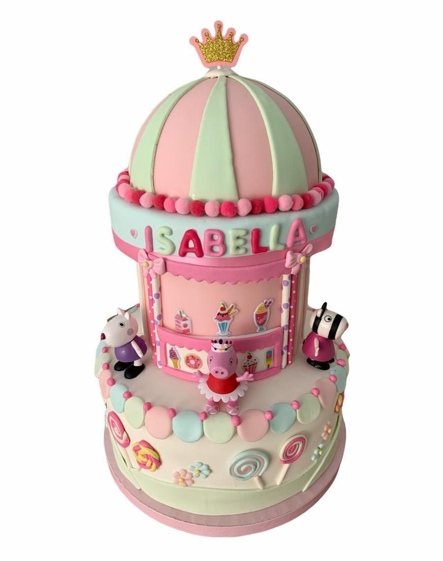 Un pastel rosa y verde con el nombre Isabella.