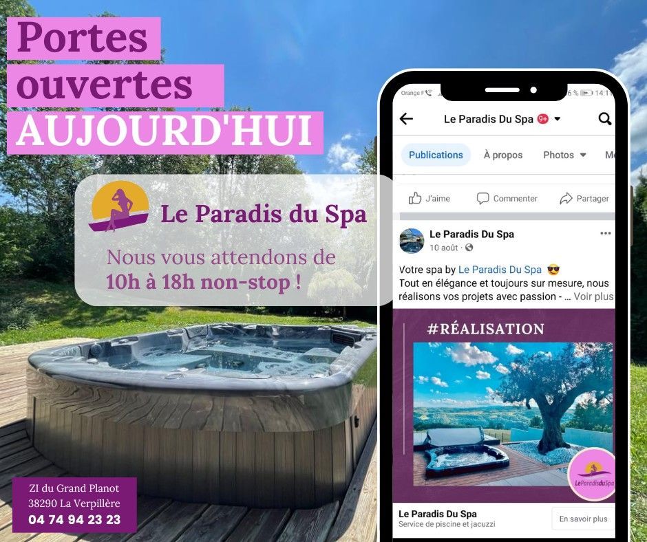 Publicité pour le spa : Journée portes ouvertes aujourd'hui, de 10 h à 18 h.