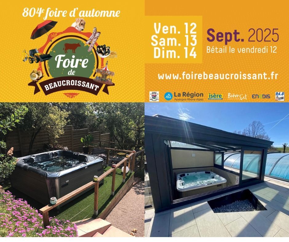 Une publicité pour une foire à Beaucroissant en septembre 2025, avec deux images de spas.