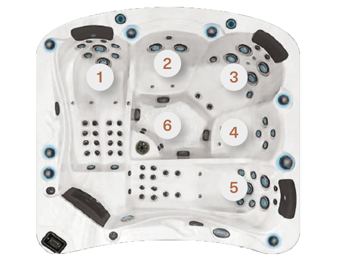 Vue aérienne du spa BE585 multiplace avec zones d'assise numérotées et plusieurs jets.