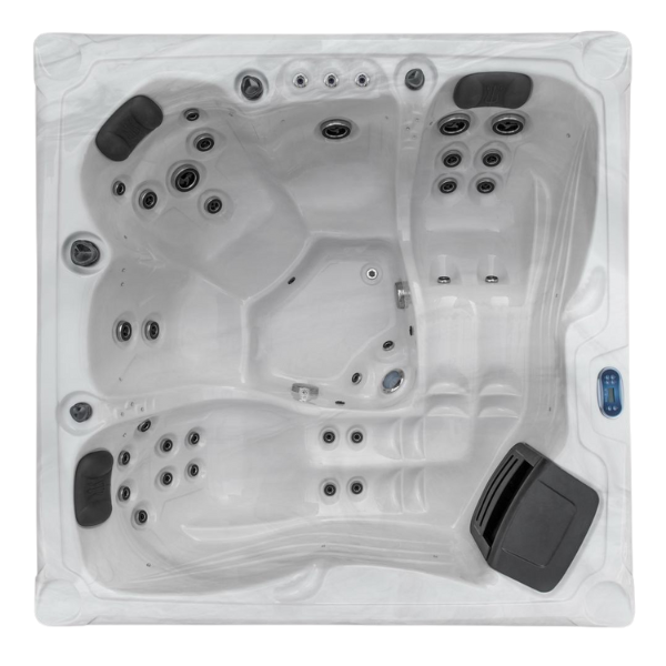 Vue de dessus d'un spa gris avec plusieurs zones d'assise et jets.