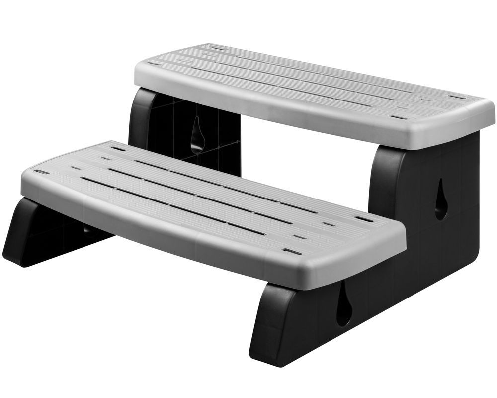 Escalier de spa à deux marches en noir et gris, avec marches texturées pour une entrée facile.