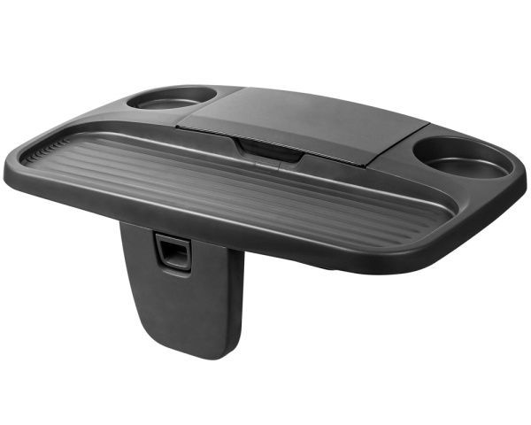 Plateau de siège auto noir avec porte-gobelets et compartiment de rangement.