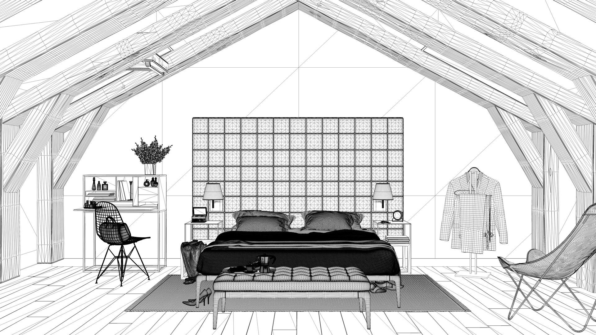 Le dessin d'une chambre parentale dans des combles