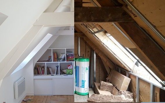 Vue en deux parties : un grenier aménagé avec rangements intégrés et un grenier brut en cours d’aménagement.