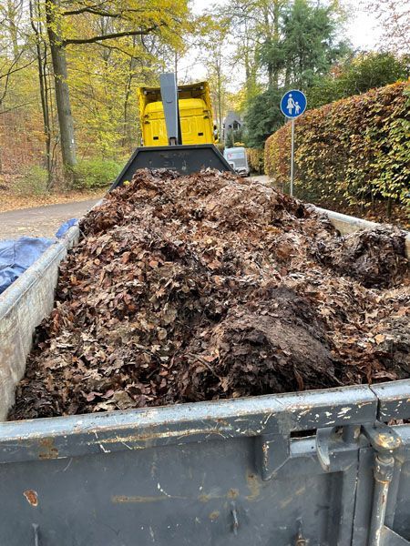 Am Straßenrand steht ein mit Blättern und Erde gefüllter Müllcontainer.
