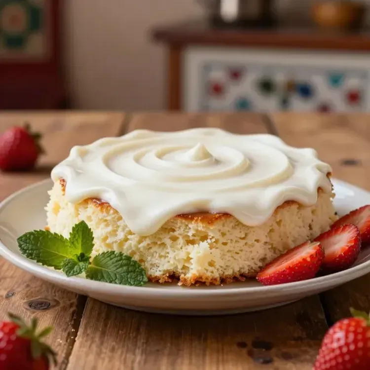Rebanada de pastel de vainilla con glaseado blanco y fresas en un plato, sobre una mesa de madera.