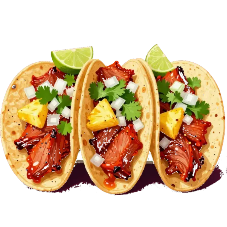 Tres tacos con salmón a la parrilla, piña, cilantro, cebolla y rodajas de lima sobre un fondo blanco.