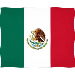 Bandera de México con franjas verticales verdes, blancas y rojas, y el emblema nacional centrado en la franja blanca.
