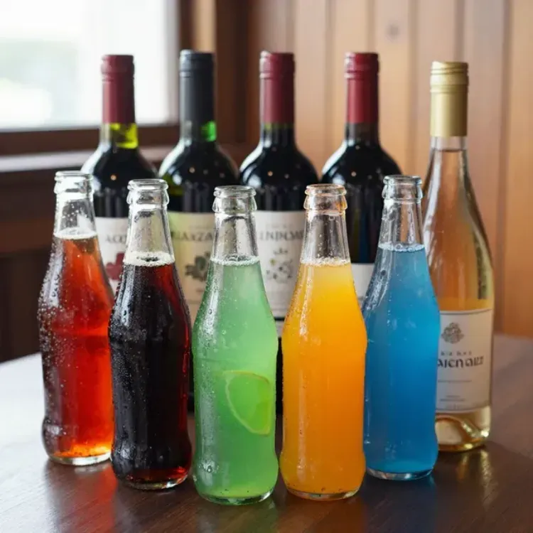 Varias botellas de vino y licor alineadas sobre una mesa de madera, incluyendo bebidas rojas, verdes, naranjas y azules.