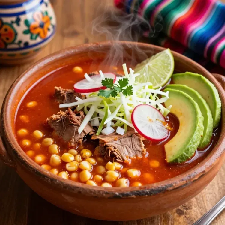 Un tazón humeante de pozole rojo cubierto con cerdo, maíz pozolero, aguacate, rábano y cilantro sobre una mesa.