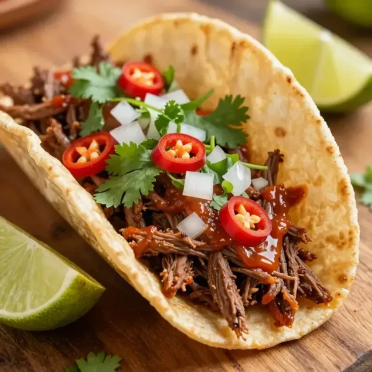 Taco de carne de res cubierto con cilantro, cebolla y chiles rojos, servido con rodajas de lima.