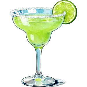 Cóctel margarita verde en copa con tallo y guarnición de rodaja de lima.