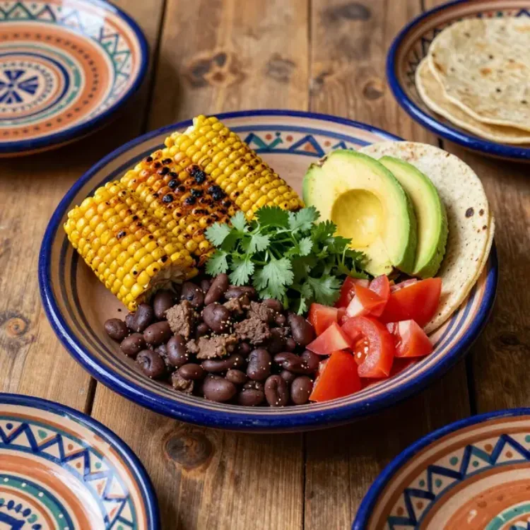Maíz a la parrilla, frijoles negros, aguacate, tomates y cilantro en un tazón estampado sobre una mesa de madera.