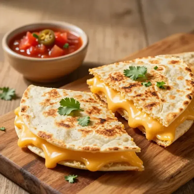 Dos quesadillas con queso en una tabla de madera con salsa en un tazón aparte.