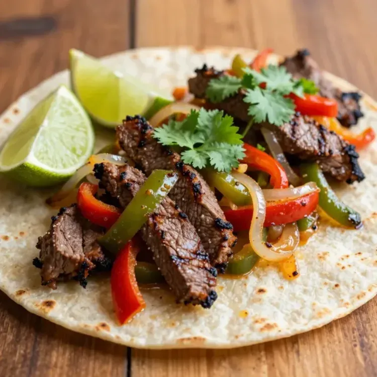 Taco de fajita de res con pimientos, cilantro y lima en una tortilla de harina.