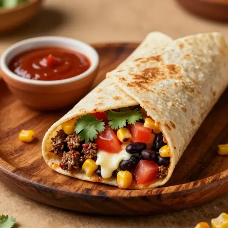 Burrito en plato de madera con salsa, relleno de frijoles, maíz, tomates, queso y cilantro.