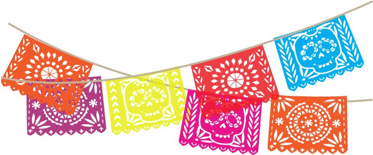 Guirnaldas coloridas de papel picado colgadas de cuerdas, banderines decorativos festivos en naranja, rosa, amarillo, rojo y azul.