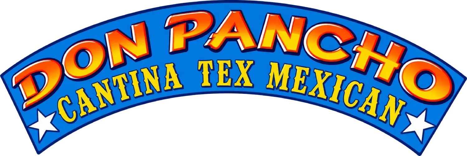Logotipo de Don Pancho Cantina Tex Mex en azul y naranja sobre fondo amarillo.