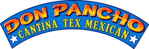 Logotipo de Don Pancho Cantina Tex Mex en azul y naranja sobre fondo amarillo.