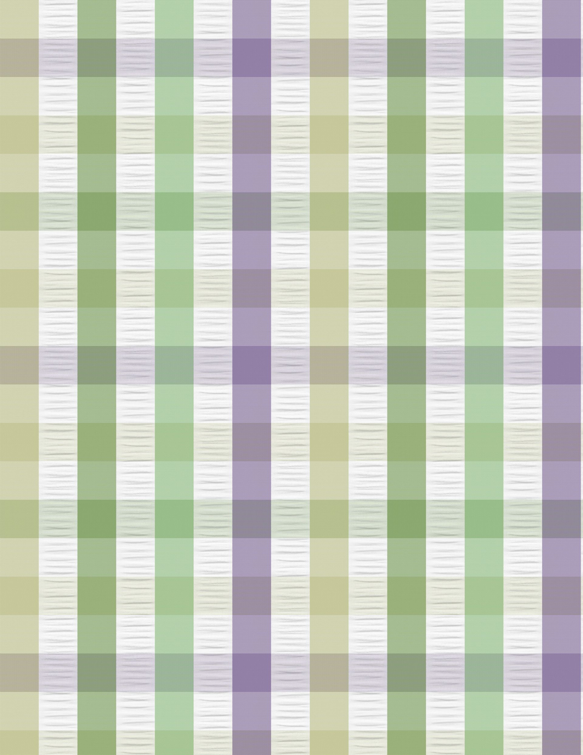 Rayures verticales vertes, violettes et beiges sur fond blanc.