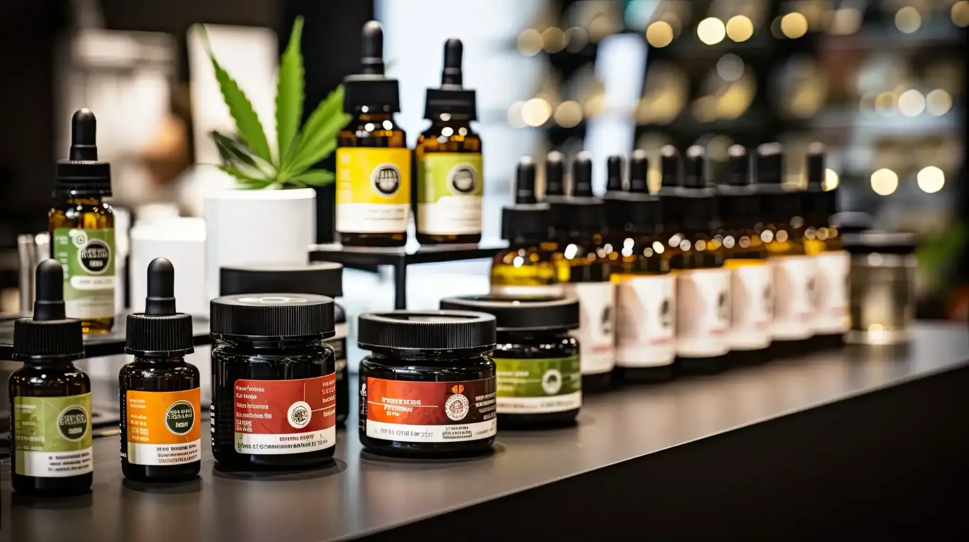 Botellas y frascos de productos de cannabis sobre un mostrador negro, dentro de una tienda.