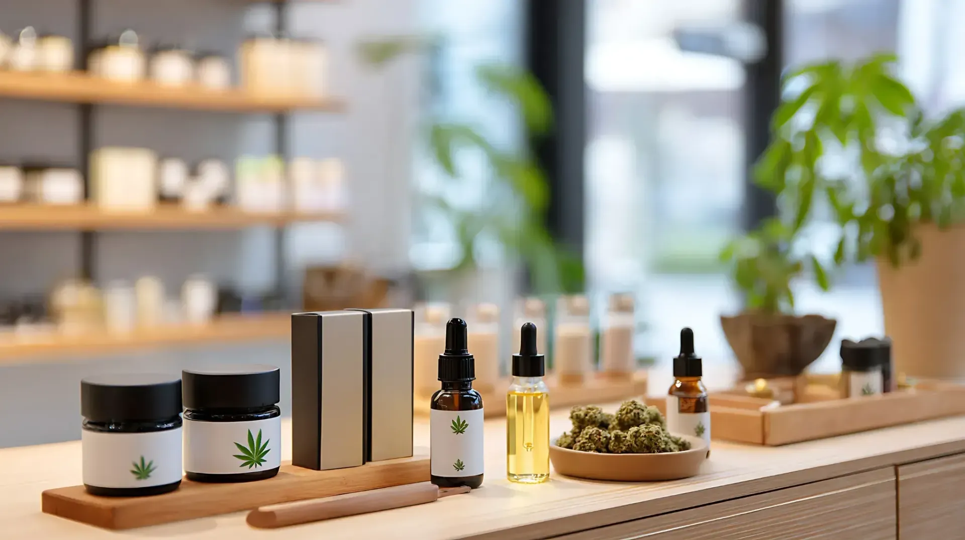 Productos de cannabis expuestos en una superficie de madera en una tienda; botellas, frascos y cogollos.