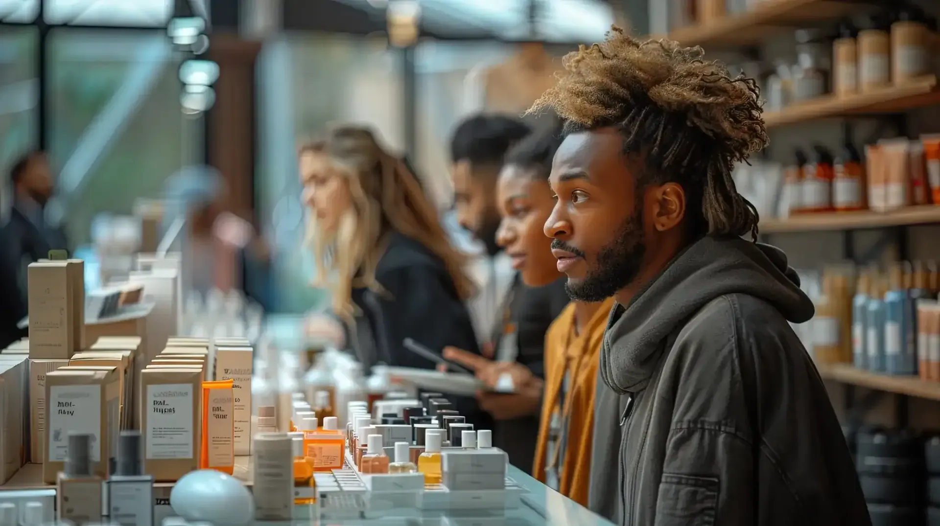Personas mirando productos para el cuidado de la piel en una tienda bien iluminada, concentrados en la mercancía.