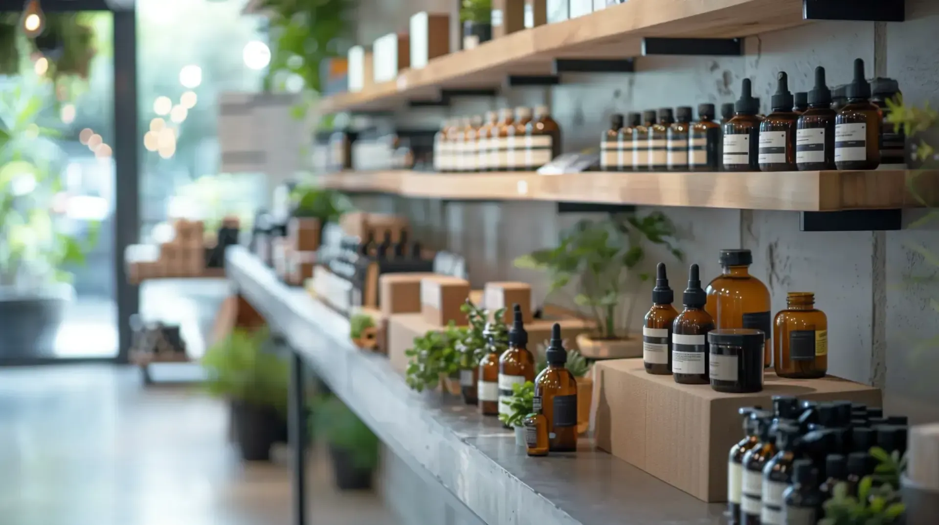 Estantes que muestran botellas de vidrio marrón de varios tamaños, con vegetación y luz entrando por una ventana.