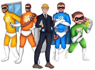 Image détourée représentant 4 super-héros et un artisan avec un casque au milieu