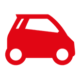 Ein rotes Symbol eines Kleinwagens auf weißem Hintergrund.