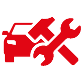 Ein rotes Autosymbol mit einem Schraubenschlüssel und einem Hammer.