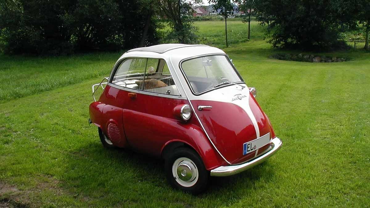 Ein kleines rot-weißes Auto steht im Gras