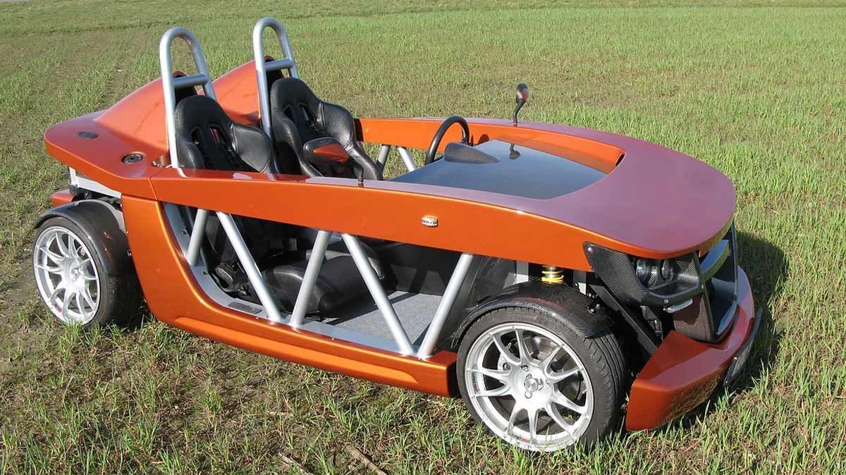 Ein orangefarbenes Auto ist auf einer Wiese geparkt.