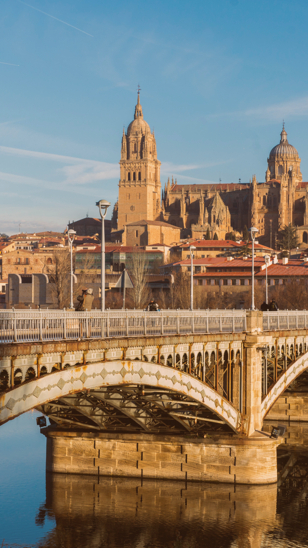 A bridge over a river with a cathedral in the background.