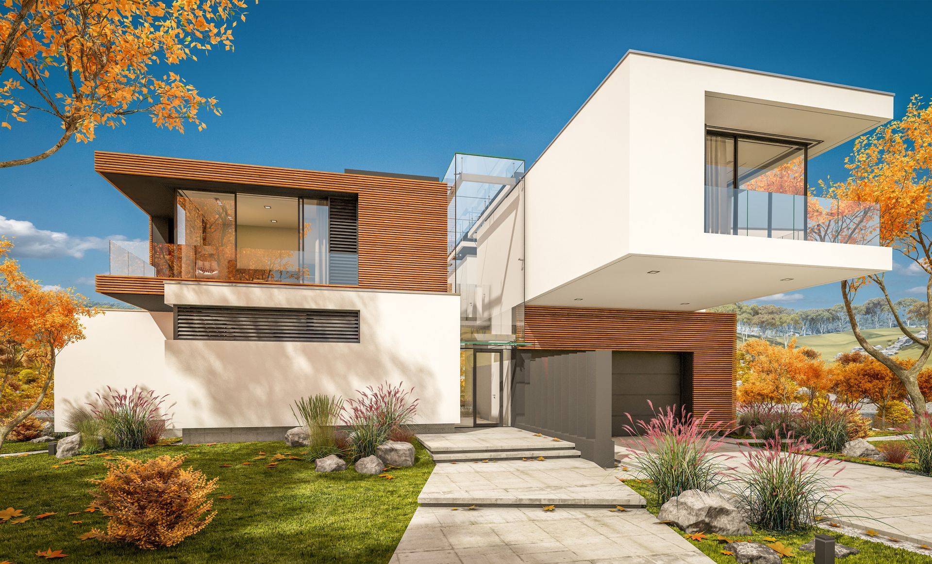 Una casa moderna está situada en la cima de una exuberante ladera verde rodeada de árboles.