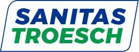 Logo mit blauem „SANITAS“ über grünem „TROESCH“ in einem weiss-blauen abgerundeten Rechteck.