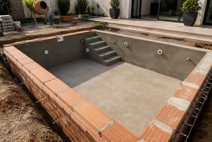 Piscina vacía de hormigón con escalones integrados y borde de baldosas de terracota en un patio.