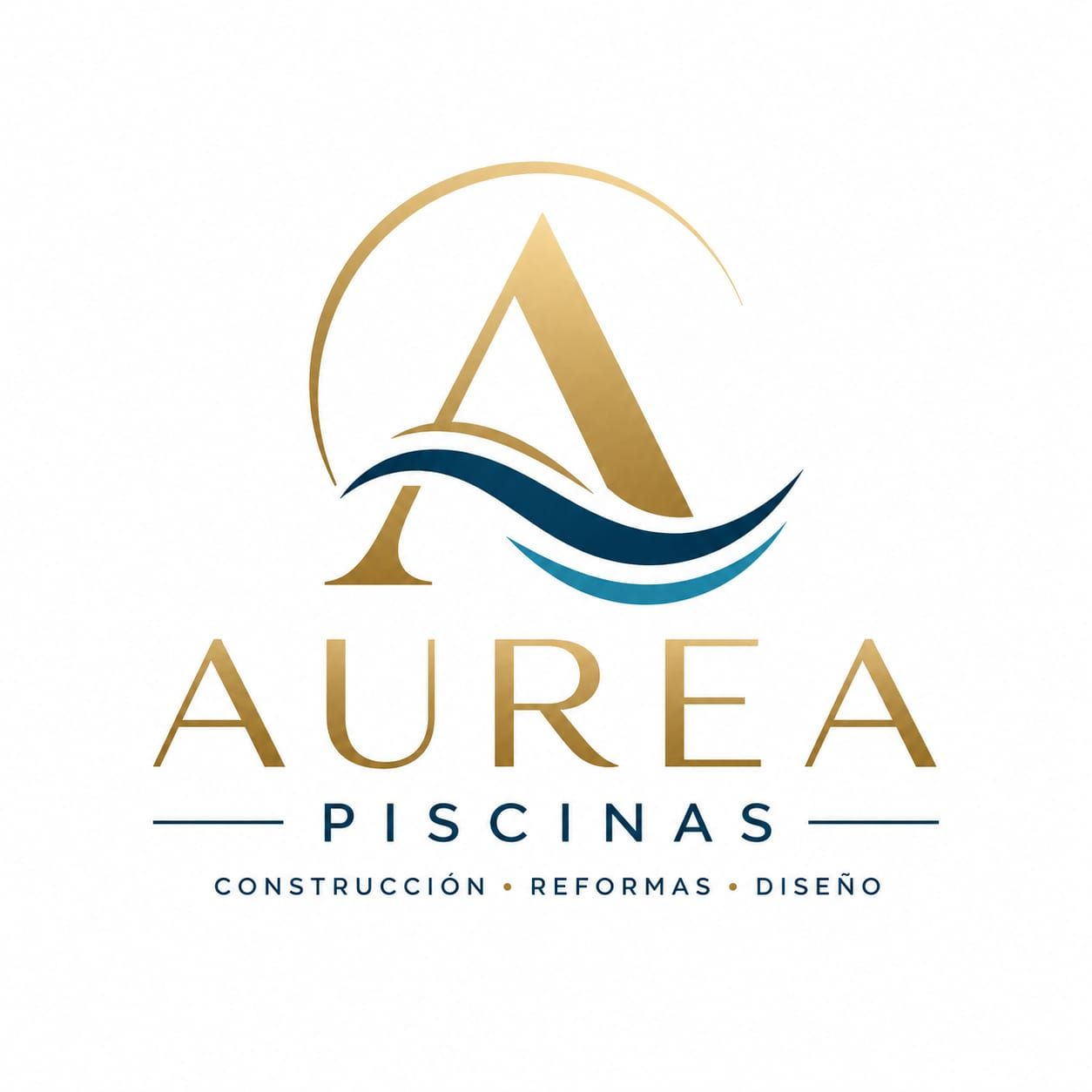 Aurea Piscinas logo in gold and blue with wave design and the text “Construcción · Reformas · Diseño”