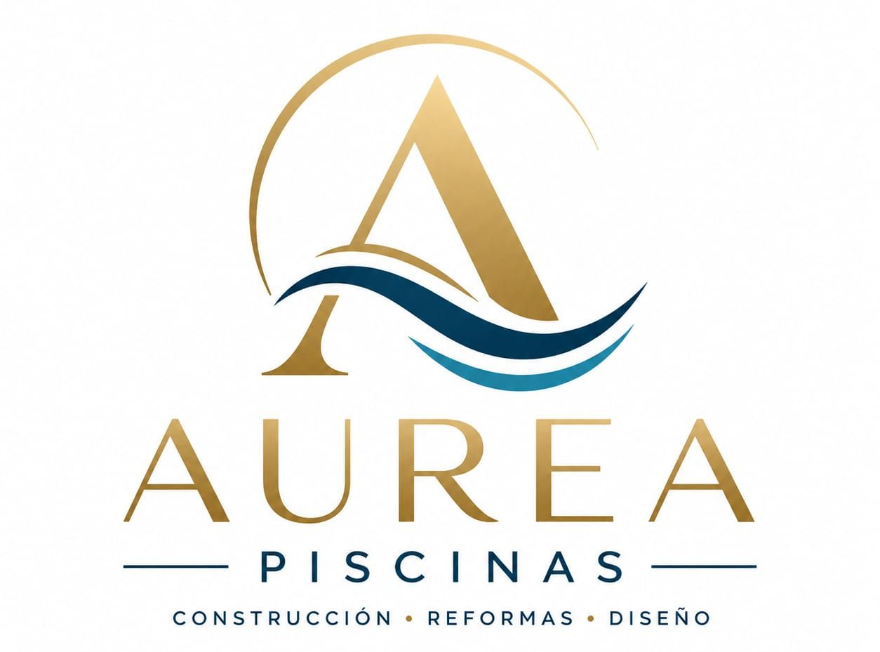 Logotipo de AUREA Piscinas en dorado y azul con olas de piscina estilizadas y eslogan en espa&ntilde;ol debajo.