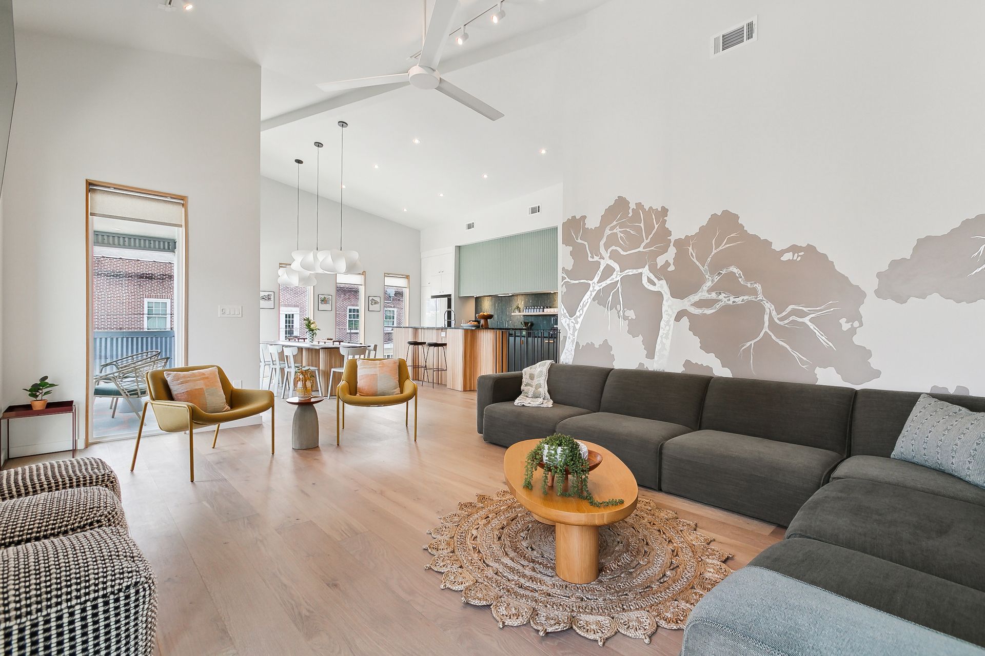 A living room with a couch and a coffee table