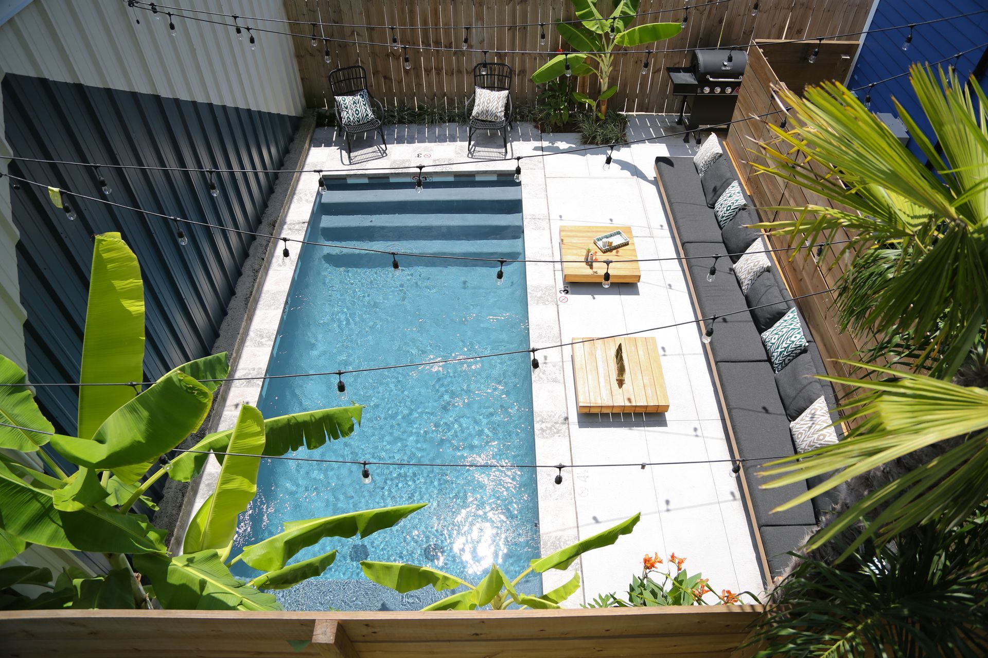 An aerial view of a swimming pool surrounded by plants and chairs.