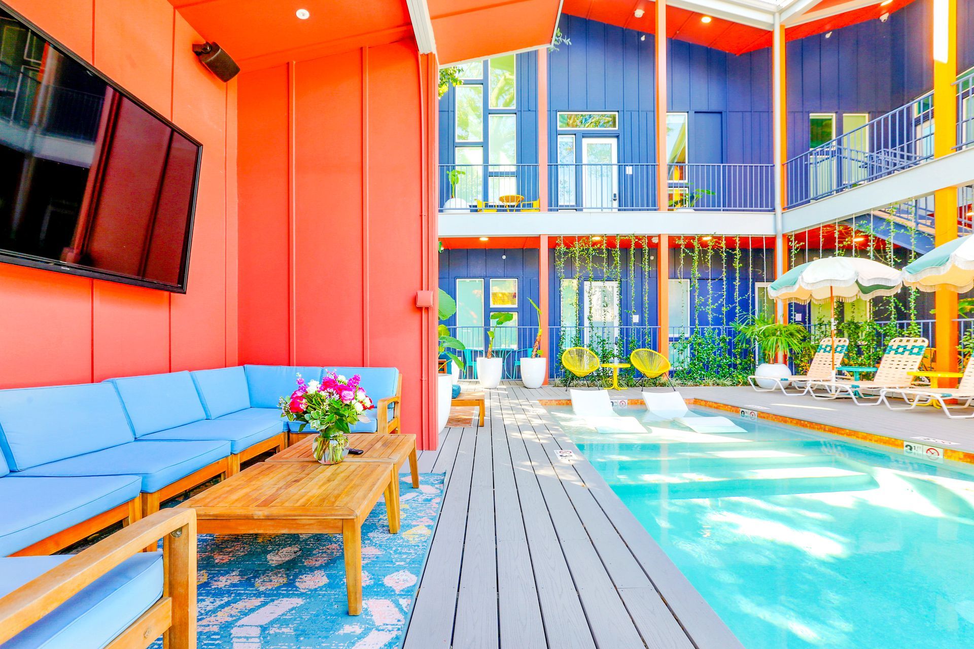 There is a large swimming pool in the middle of the room.