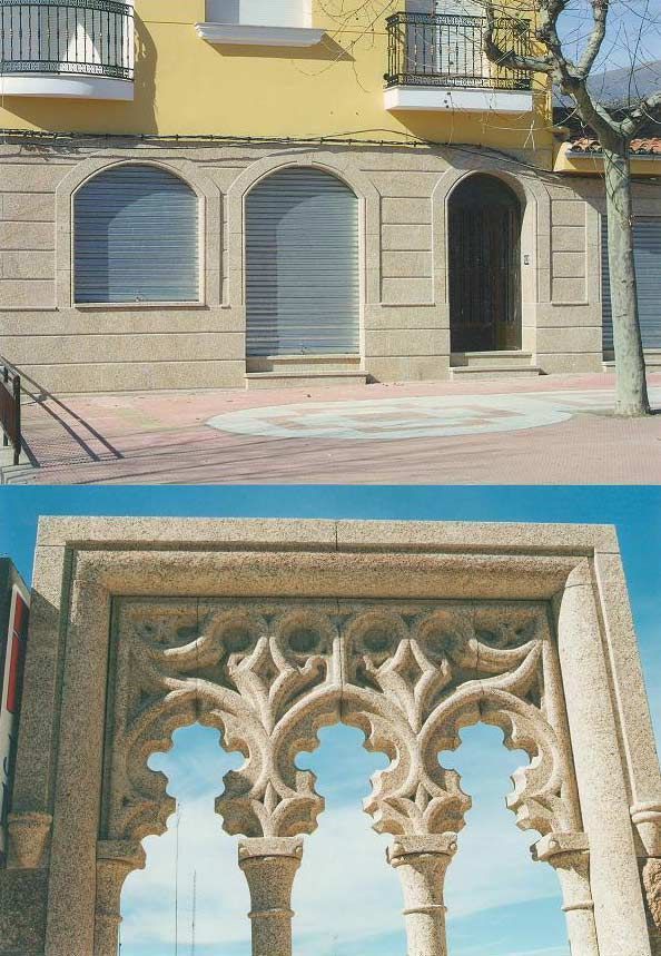 Un collage muestra la fachada amarilla de un edificio con arcos de piedra en la planta baja, sobre una vista detallada de intrincados ornamentos de piedra.