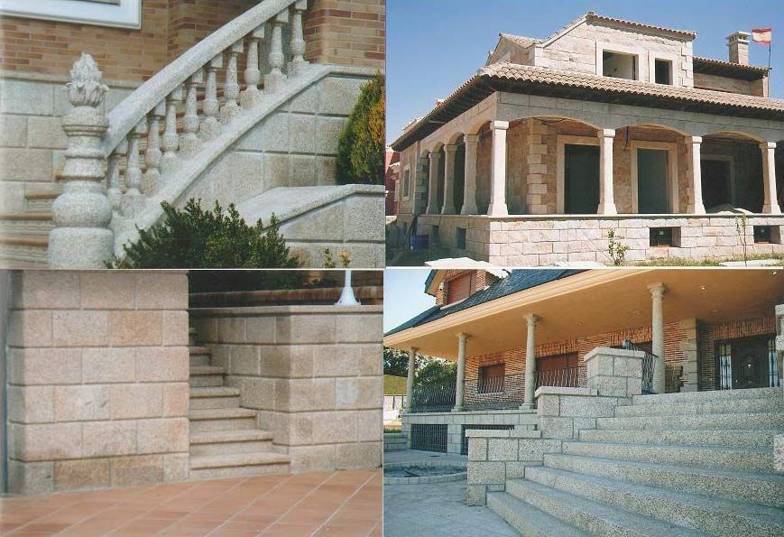 Composición de cuatro fotografías que muestran la mampostería de piedra, las escaleras exteriores, las columnas y los detalles arquitectónicos de las casas de piedra.