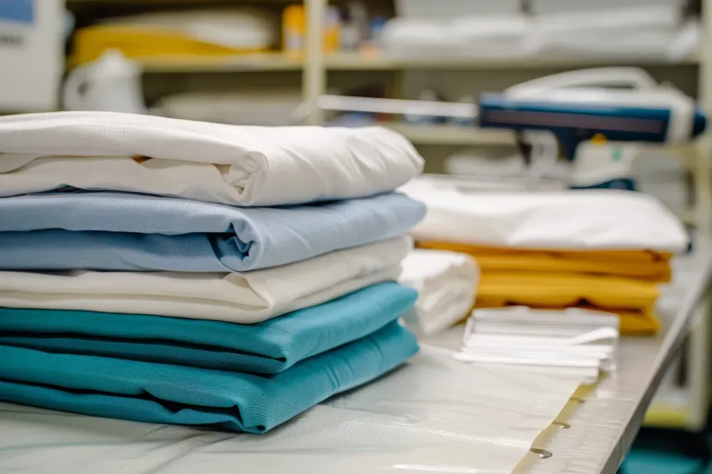 Camisas en perchas en una tintorería, varios colores pastel: rosa, azul, blanco.